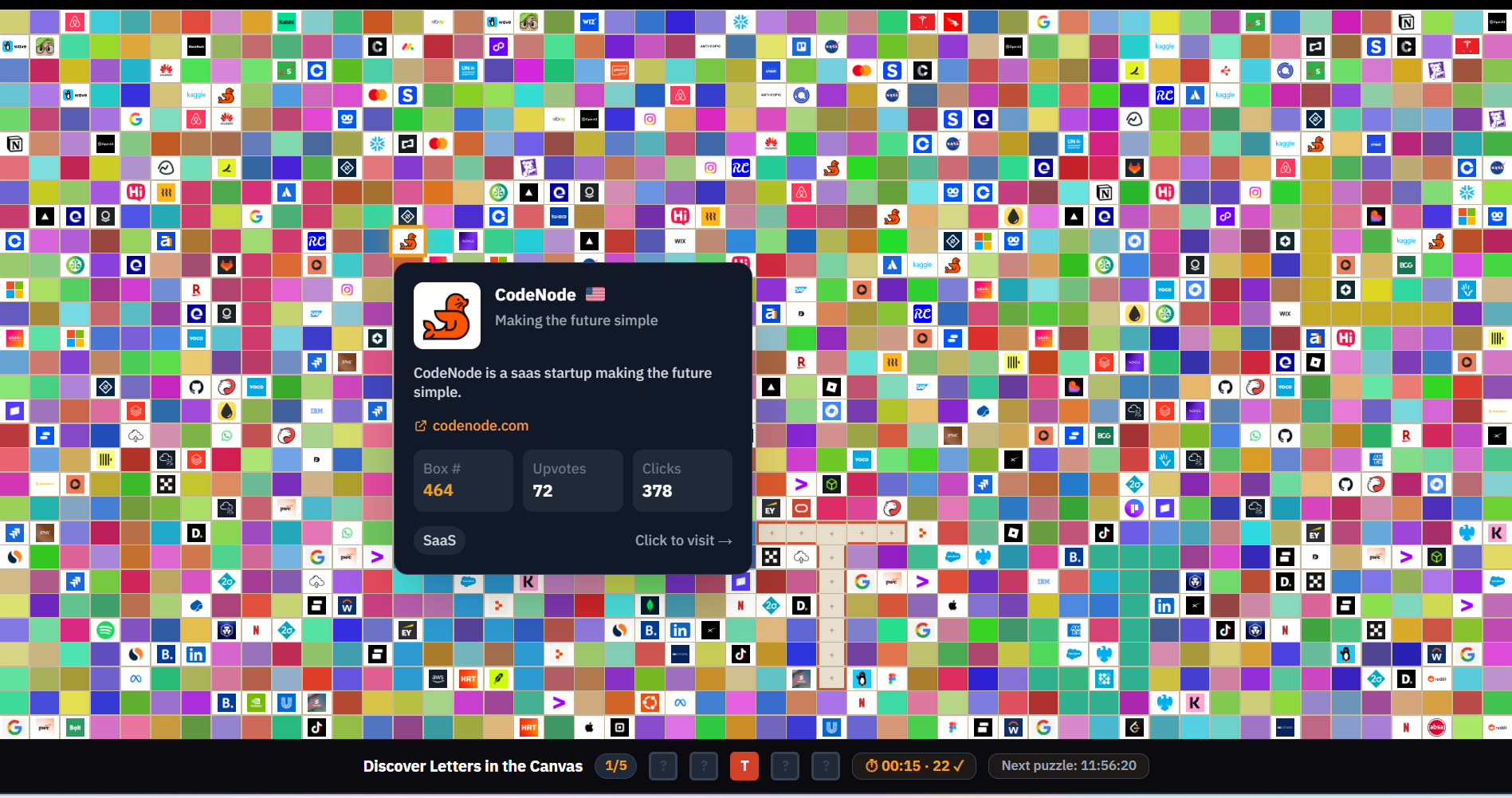 Startup Launch Page — 1500-box visual canvas with Daily Letter Checkbox game