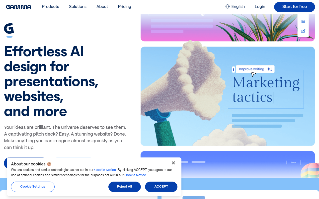 Gamma app homepage -- AI-powered presentations, documents, and websites