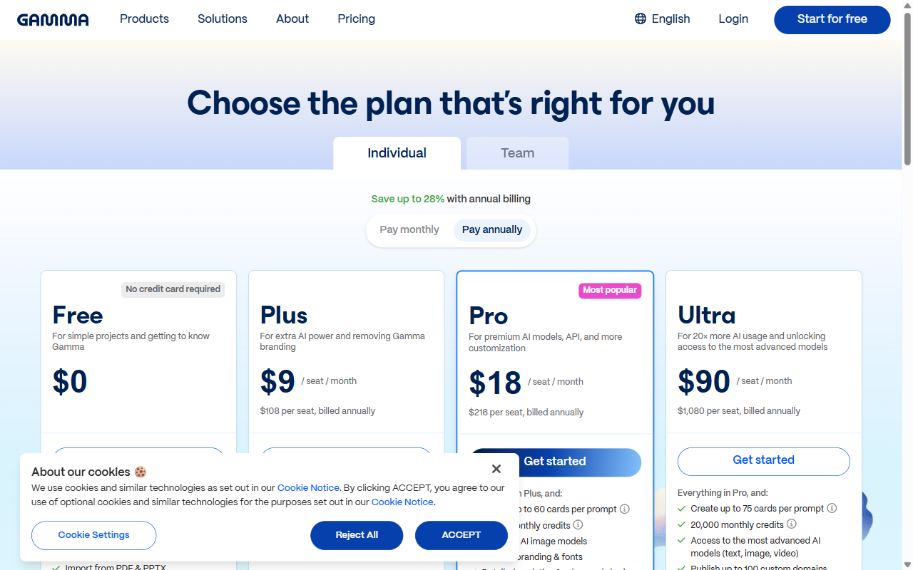 Gamma app pricing page -- Free, Plus, Pro, and Ultra plans