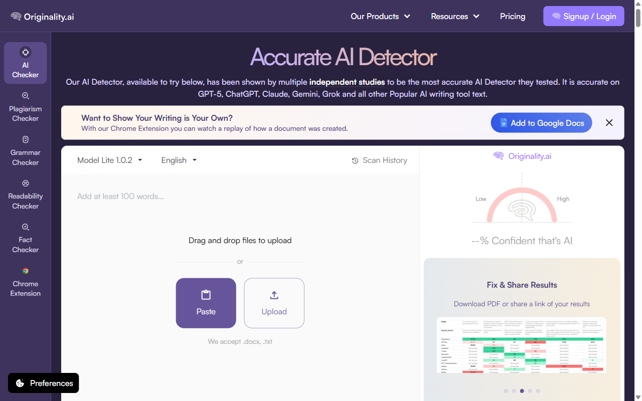Originality AI — accurate AI detector for GPT-5, ChatGPT, Claude, Gemini, Grok and all major AI writing tools