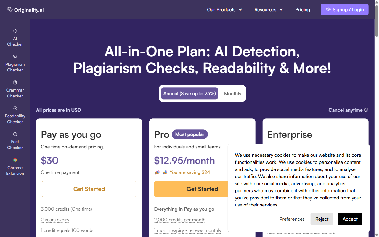 Originality AI pricing — Pay as you go $30, Pro $12.95/month, Enterprise custom