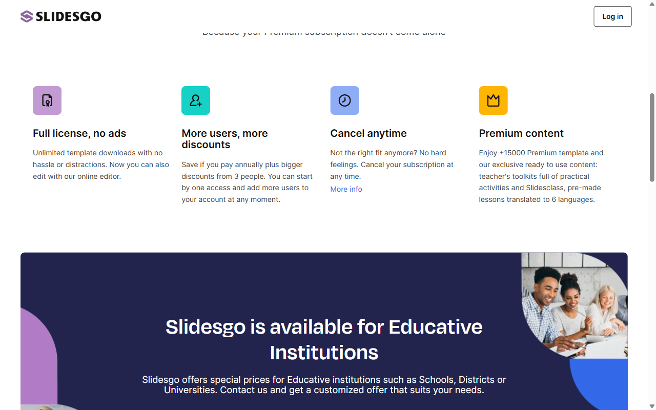 Slidesgo premium plan features — full licence, more users, cancel anytime